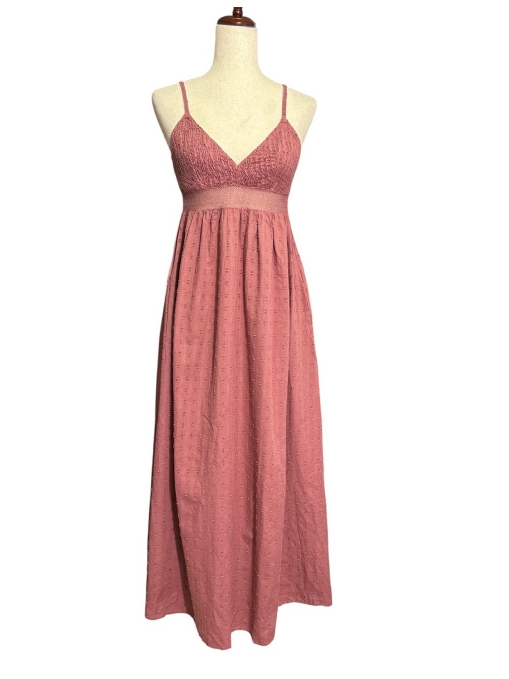 Sim & Sam Smocked Bodice Pink Midi Dress with Swiss Dot Skirt Sz Large